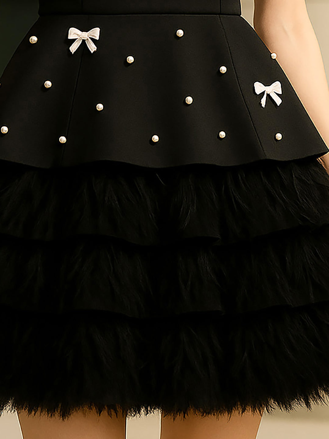 Black Satin Mini Dress With White Pearls And Black Feathers