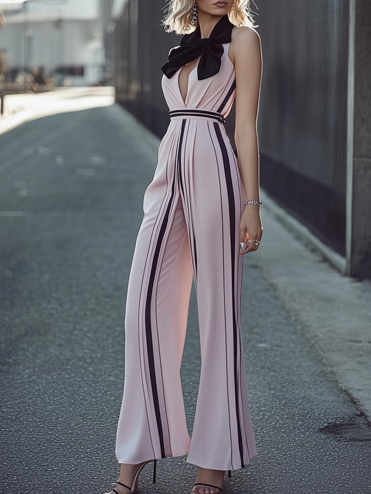 Black Bow Striped Jumpsuit