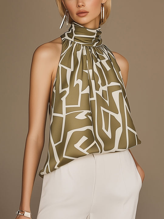 Olive Green Satin Halter Top with White Geometric Print