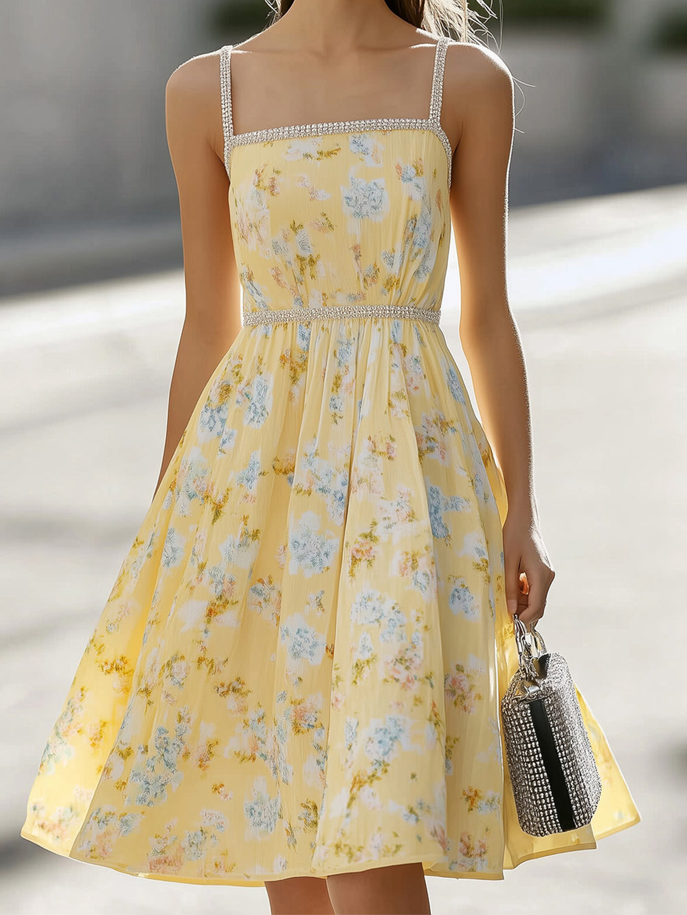 Yellow Chiffon Floral Midi Dress With Silver Waistline Crystals