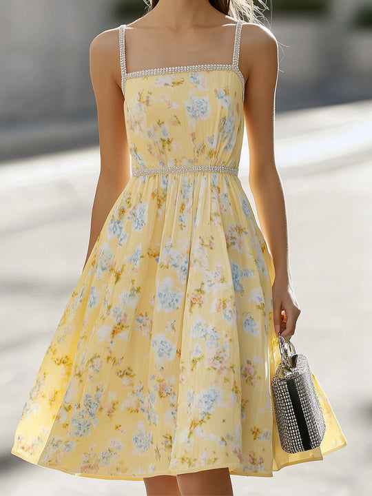 Yellow Chiffon Floral Midi Dress With Silver Waistline Crystals