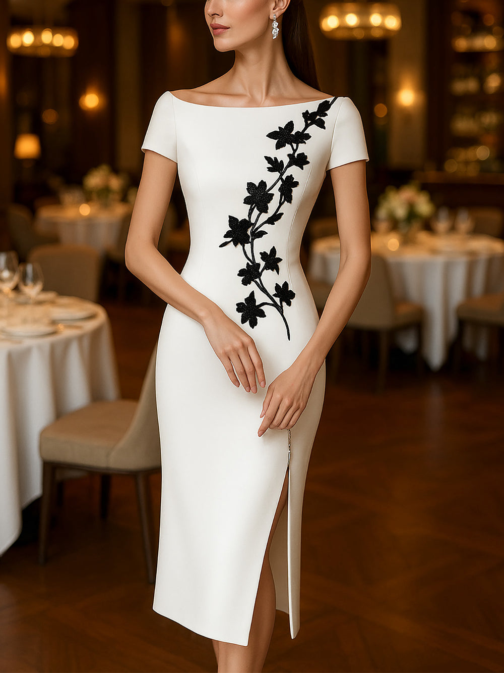 Chic Boatneck Dress with Asymmetrical Floral Print
