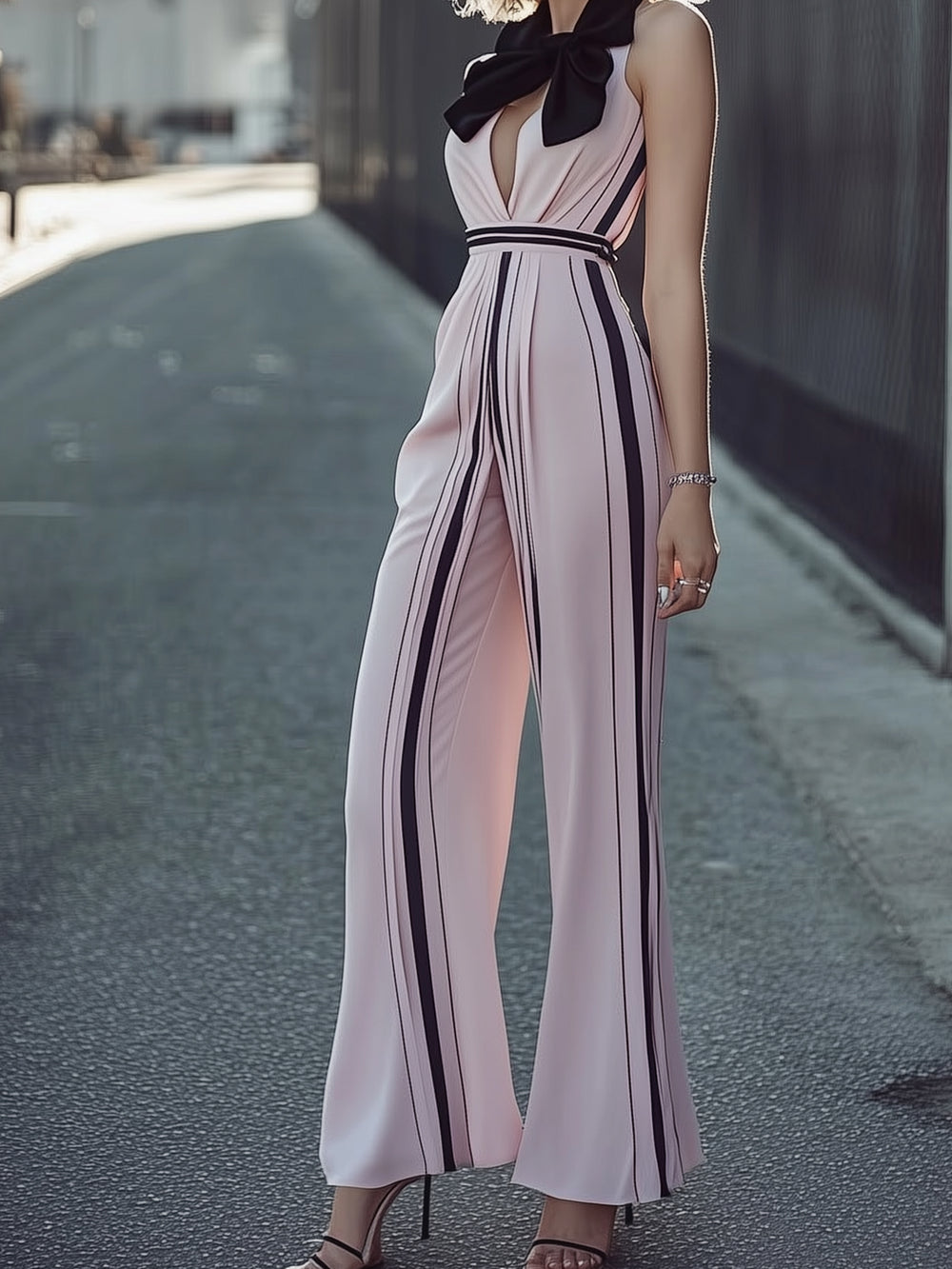 Black Bow Striped Jumpsuit