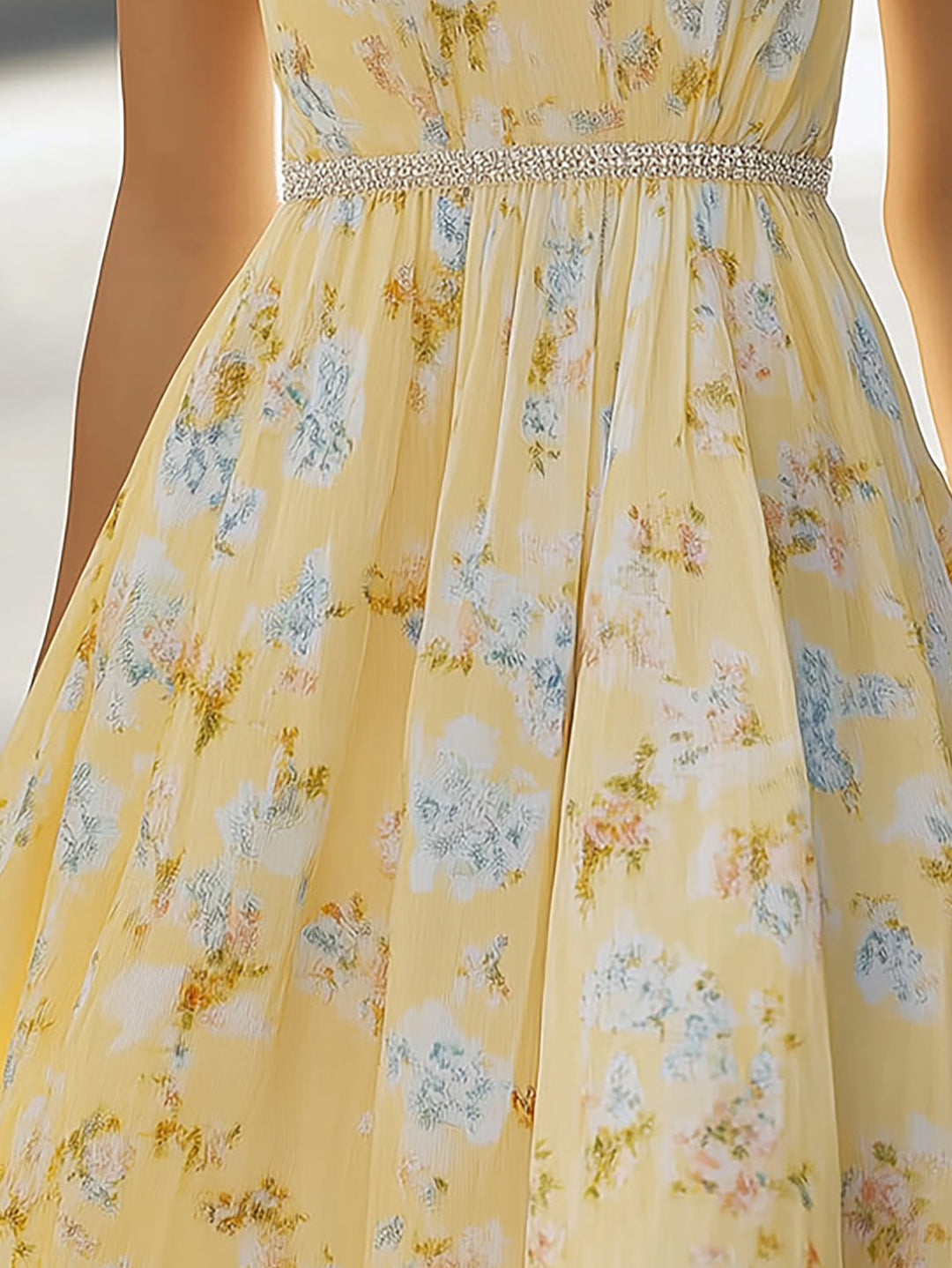 Yellow Chiffon Floral Midi Dress With Silver Waistline Crystals