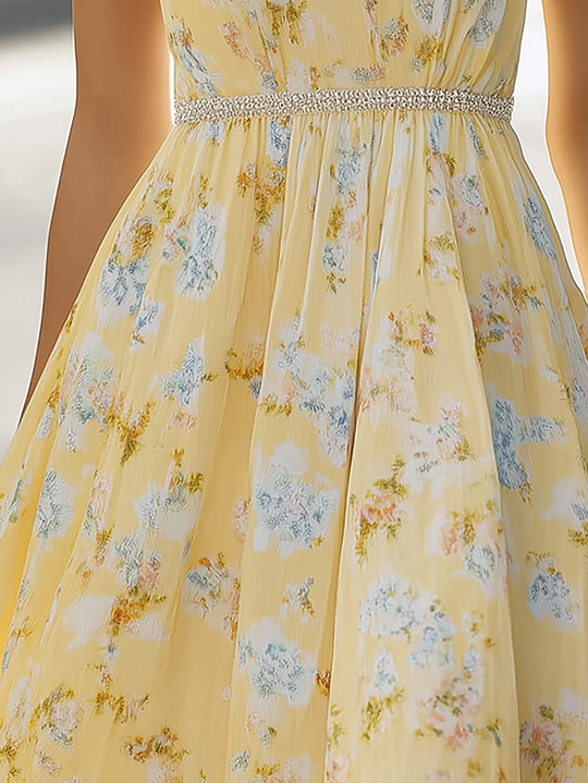 Yellow Chiffon Floral Midi Dress With Silver Waistline Crystals