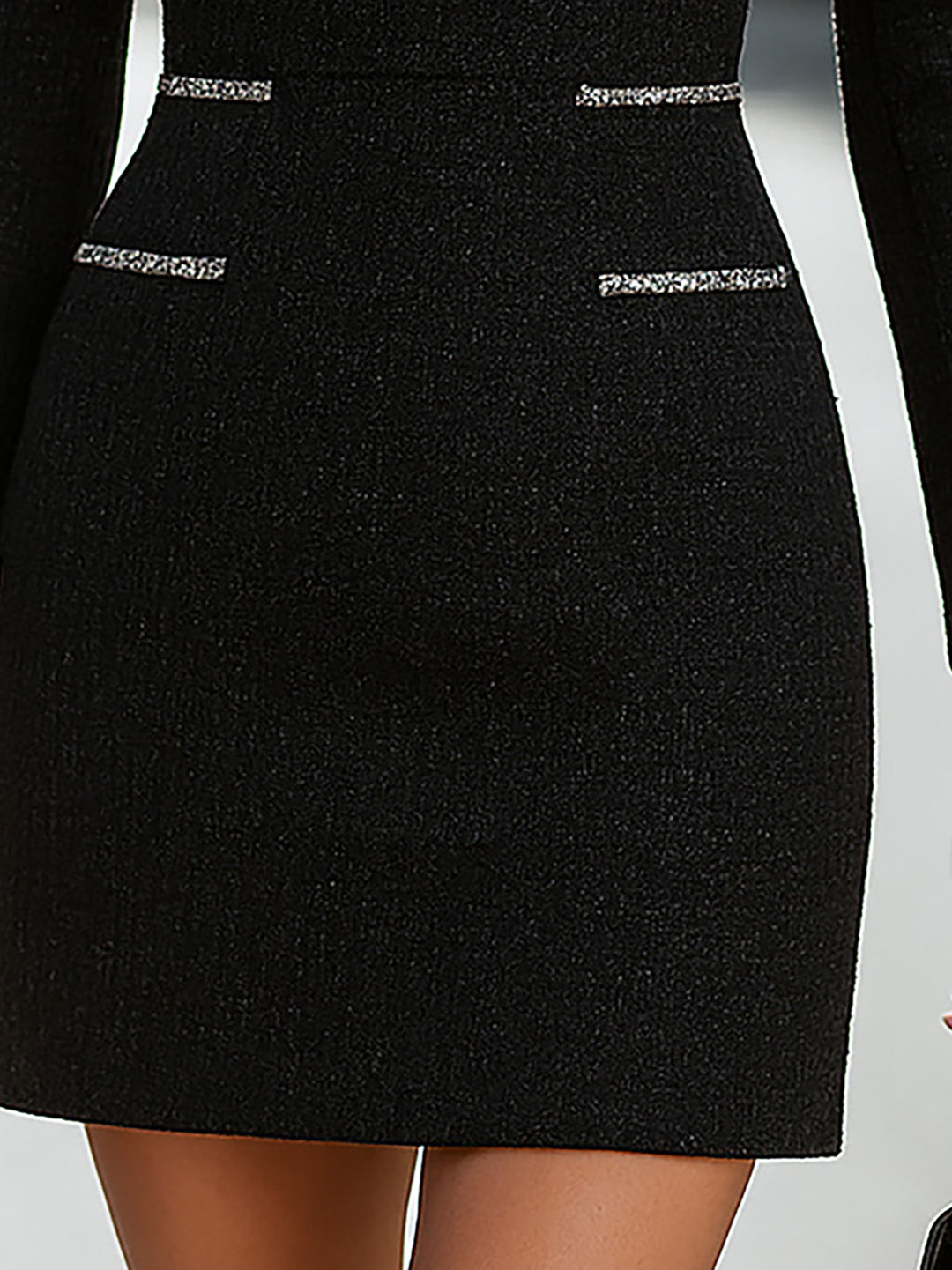 Elegant Black Tweed Silver Trim Mini Dress