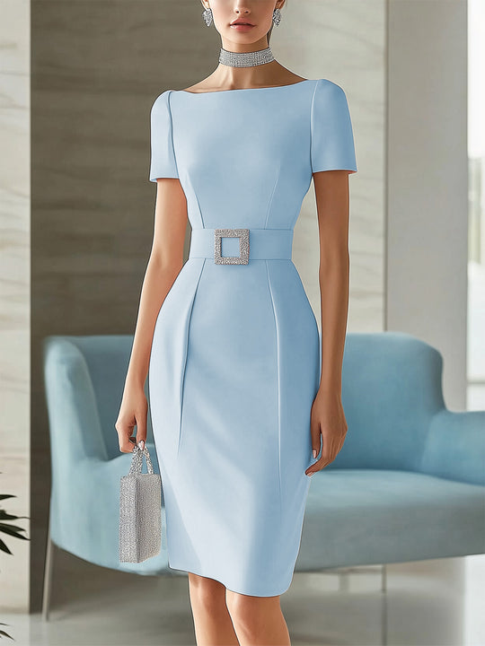 Glamorous Pale Pink Dress with Silver Belt and Necklace