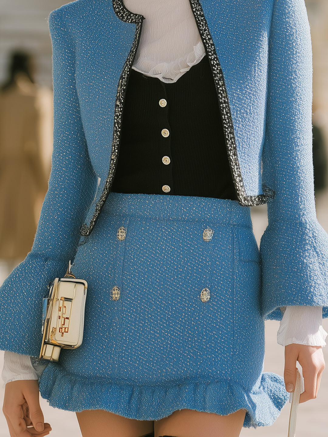 Blue Flared Sleeve Coat And Lotus Leaf Skirt Temperament Set-up