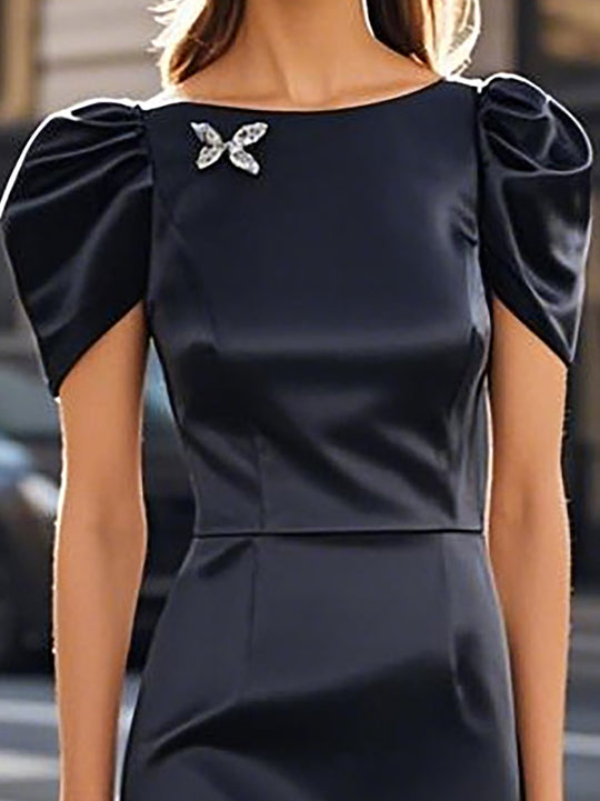 Navy Blue Satin Dress With Butterfly Sleeves