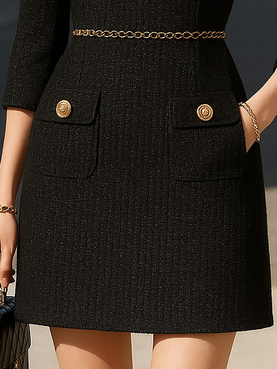 Black Tweed Mini Dress With Waist Chain