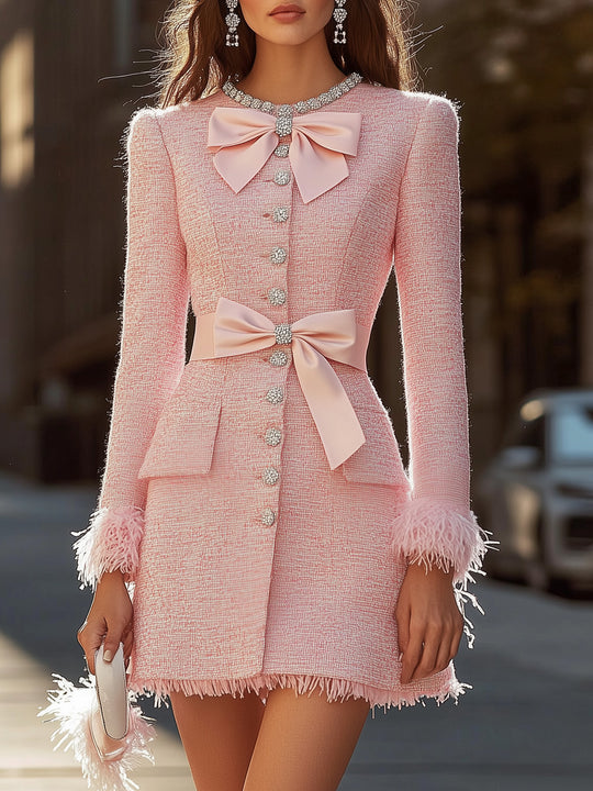 Chic Light Pink Tweed Mini Dress With Feather Detail
