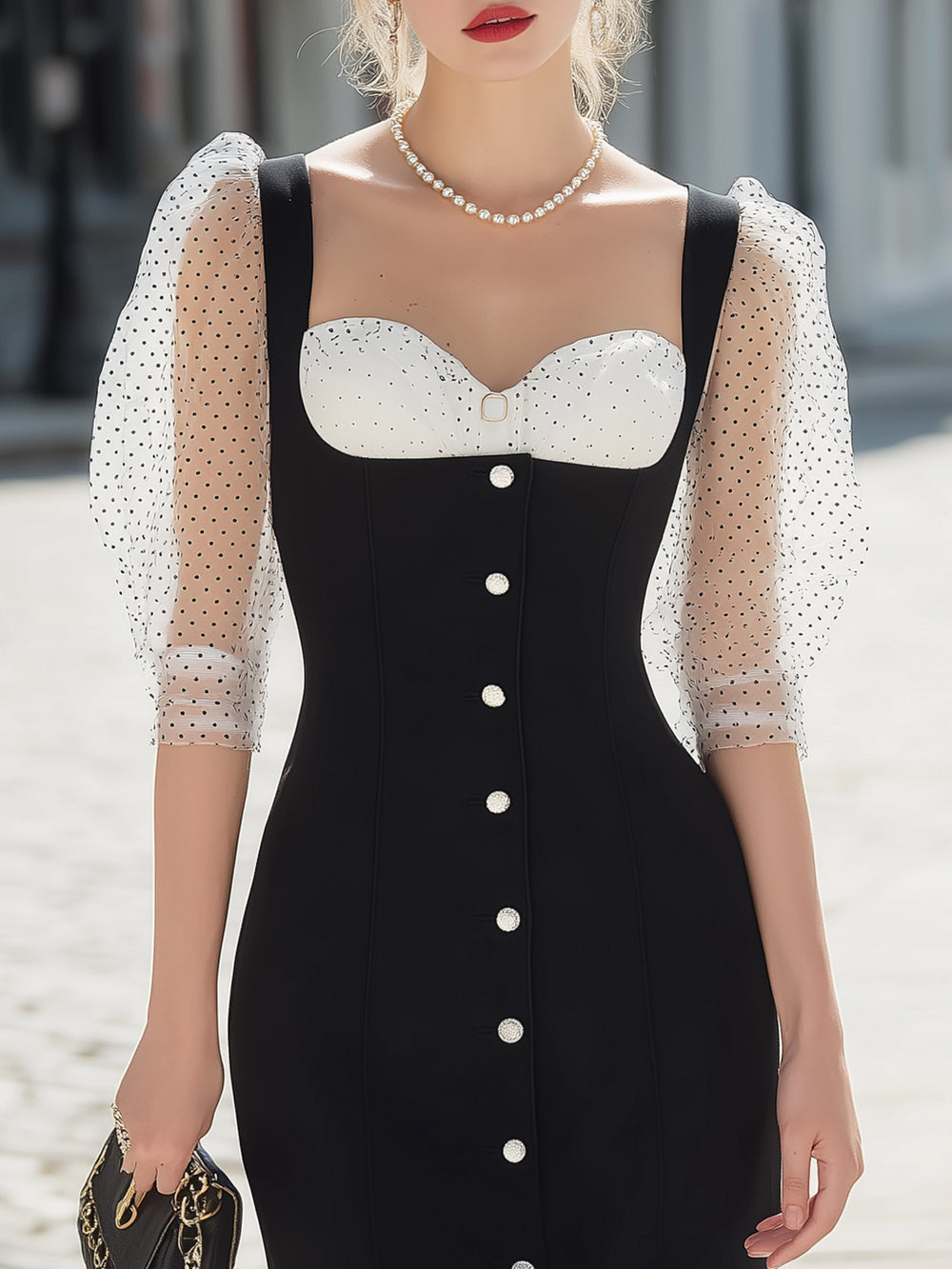 Square Neck Polka Dot Mesh Sleeve Elegant Dress