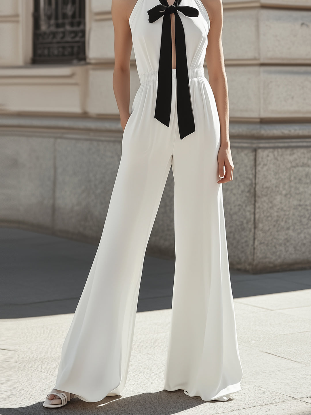 Bowknot Hollow Commuter Wide-leg Jumpsuit