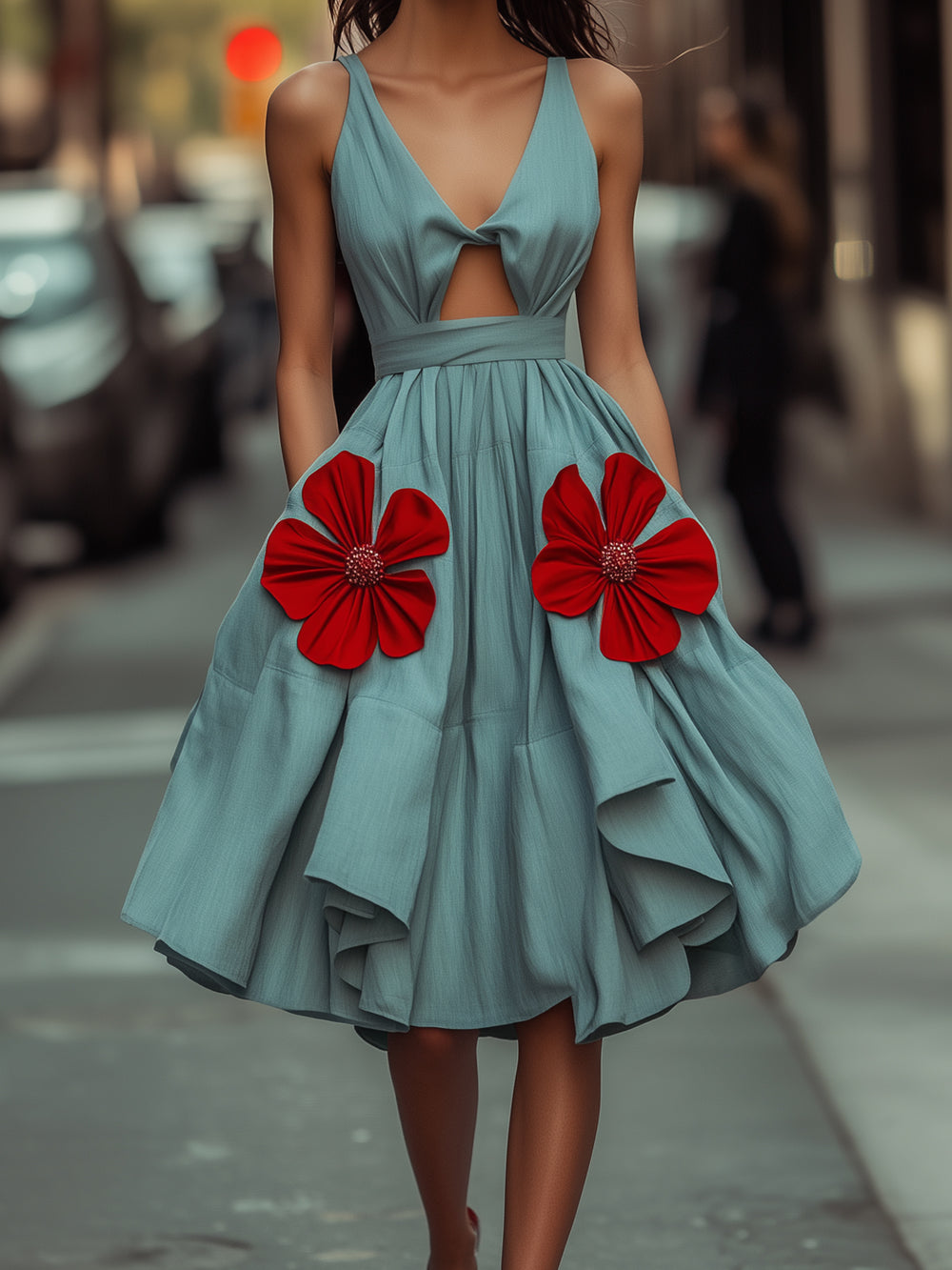 Cotton And Linen Red 3D Flower Hollow Dress