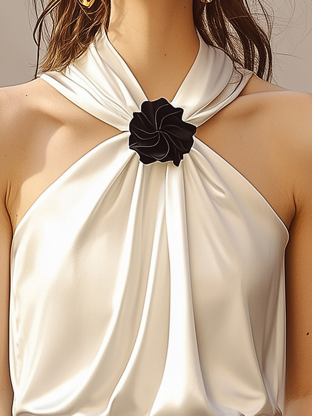 White Satin Halter Top With 3D Flower Neck Detail