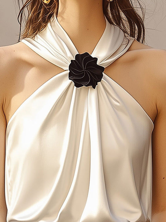 White Satin Halter Top With 3D Flower Neck Detail
