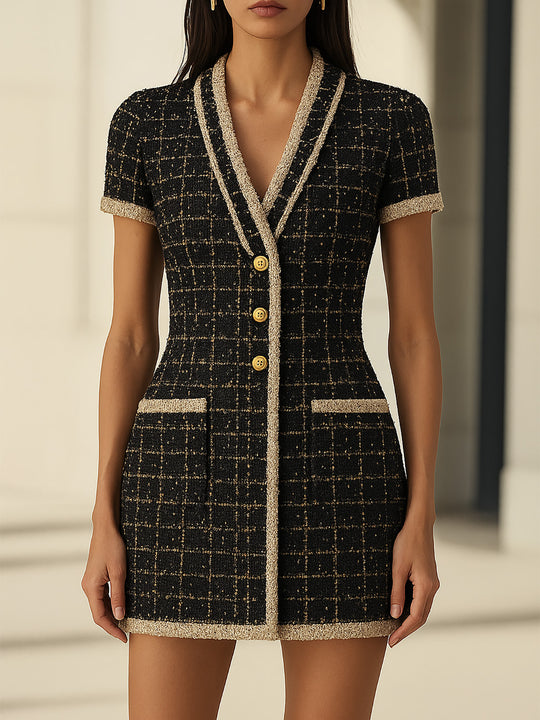 Plaid Mini Dress In Black And Gold