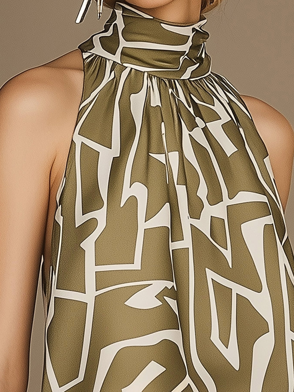 Olive Green Satin Halter Top with White Geometric Print