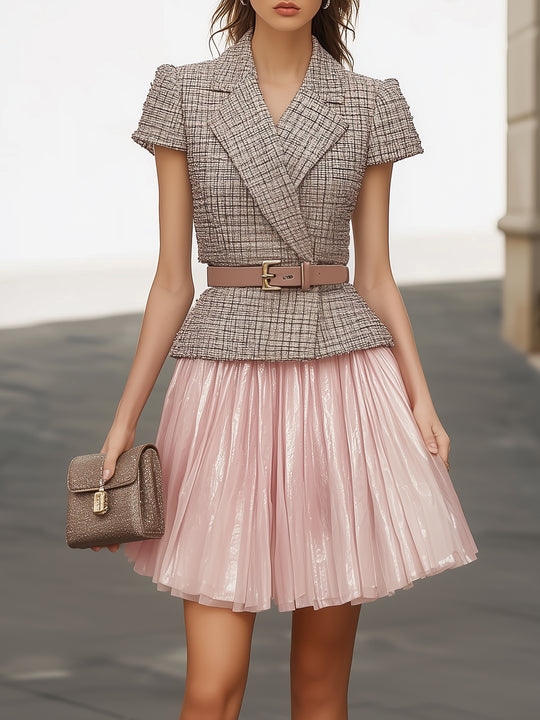 Tweed Chiffon Contrast Color Dress