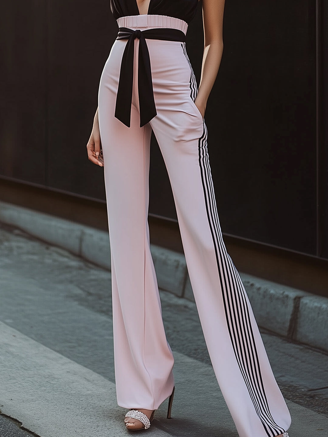 Contrast Color Bowknot Hollow Air Jumpsuit