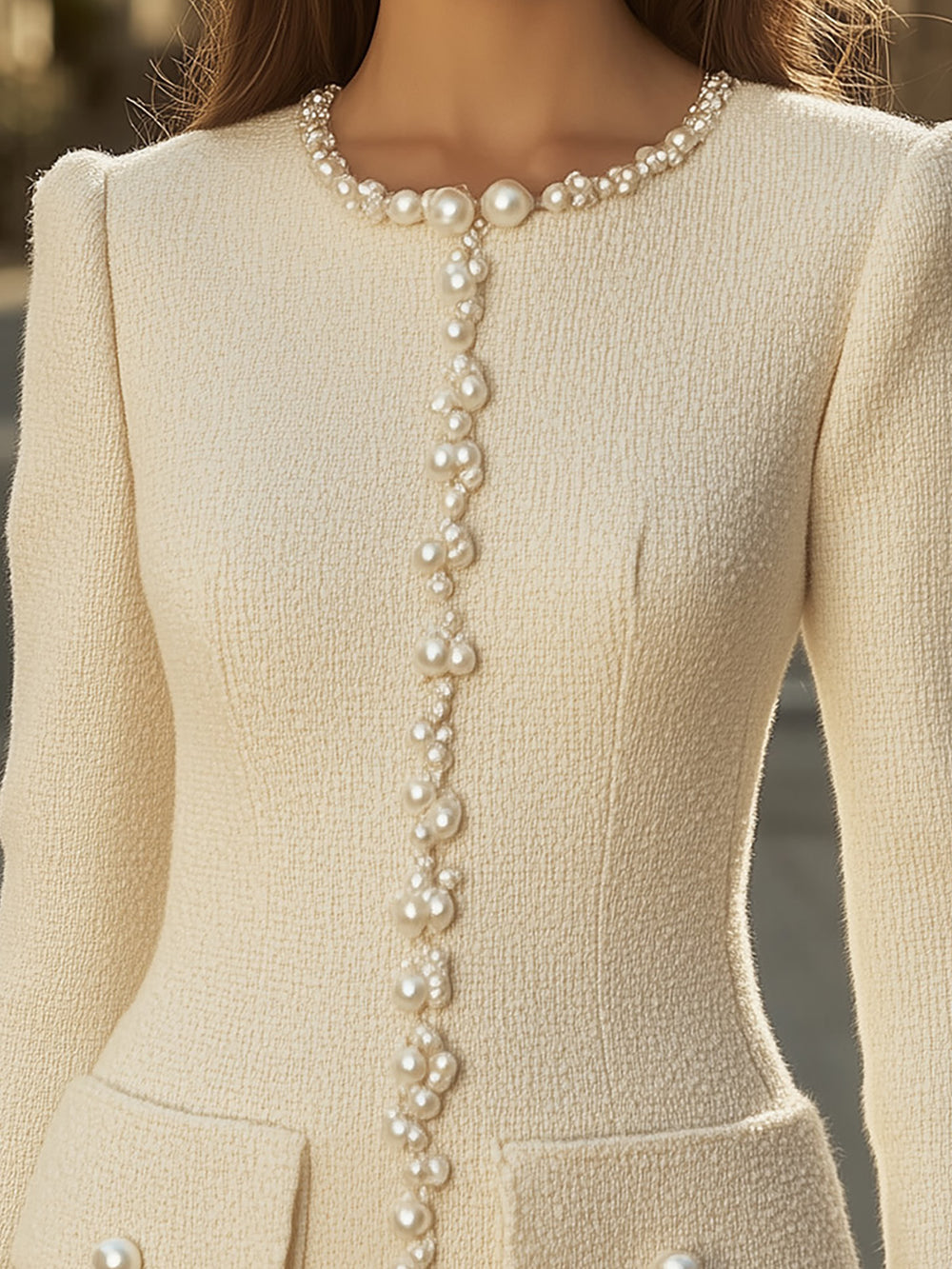 Chic Ivory Tweed Mini Dress With Pearl Detailing