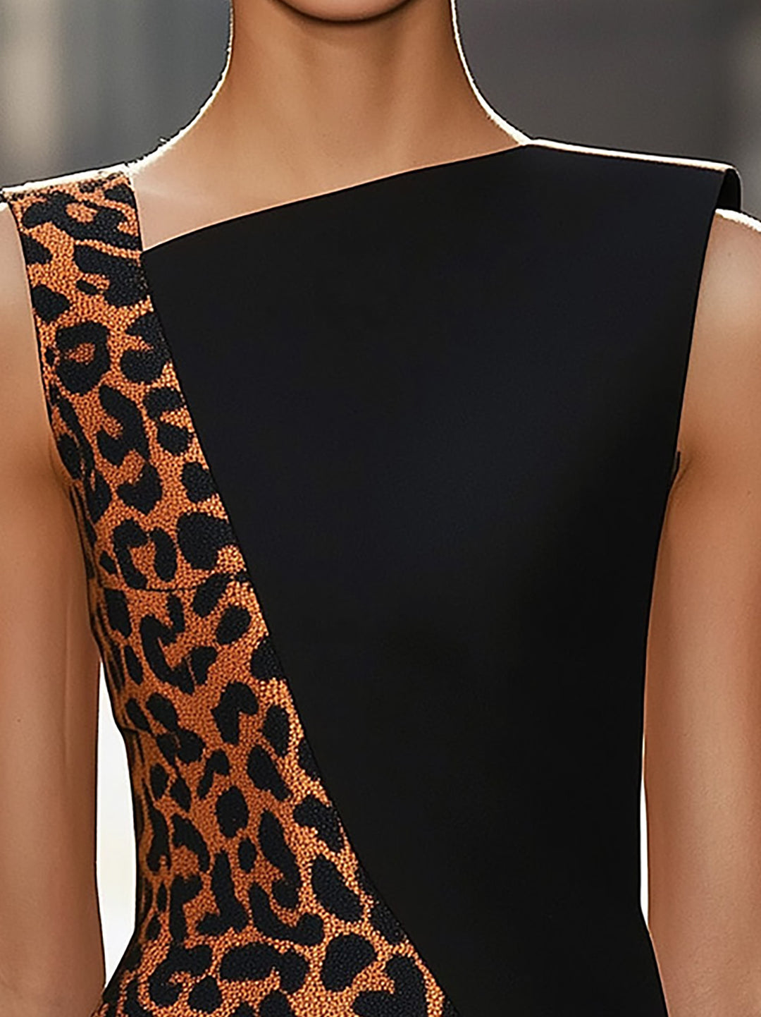 Asymmetric Neckline Mini Dress With Leopard Print