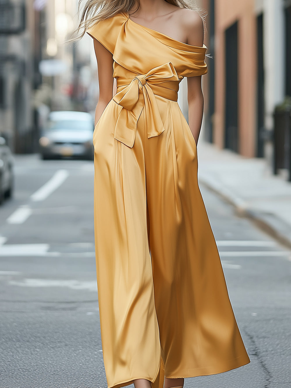 Bow Off-the-shoulder Wide-leg Jumpsuit