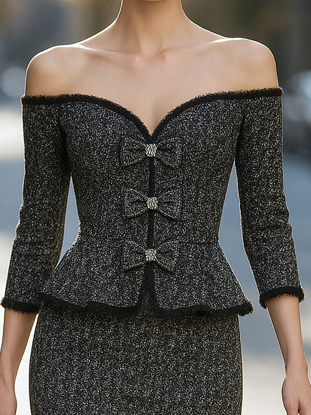 Elegant Grey Black Off The Shoulder Midi Dress With Bows