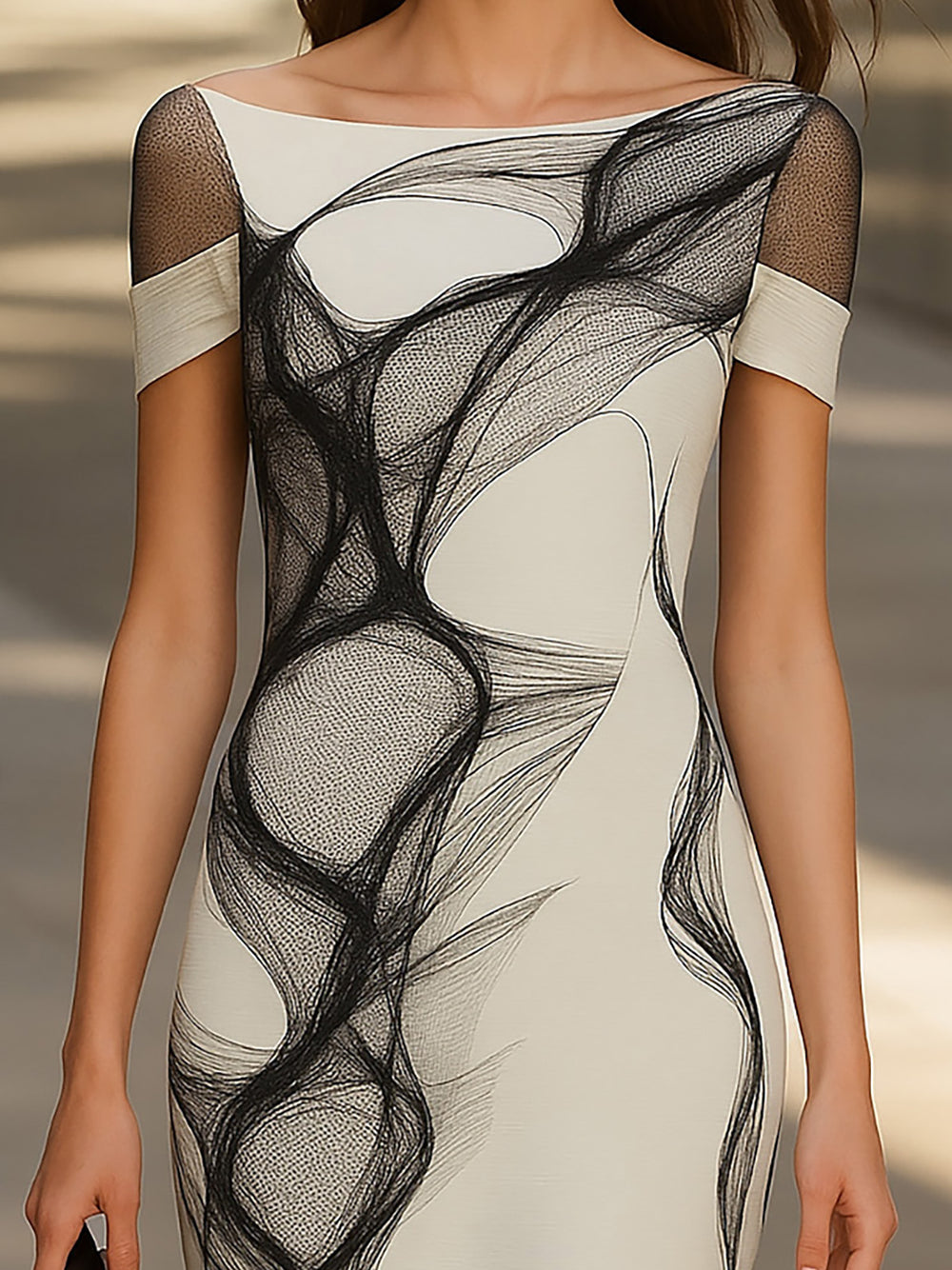White Satin Printed Dress With Mesh Cuffs