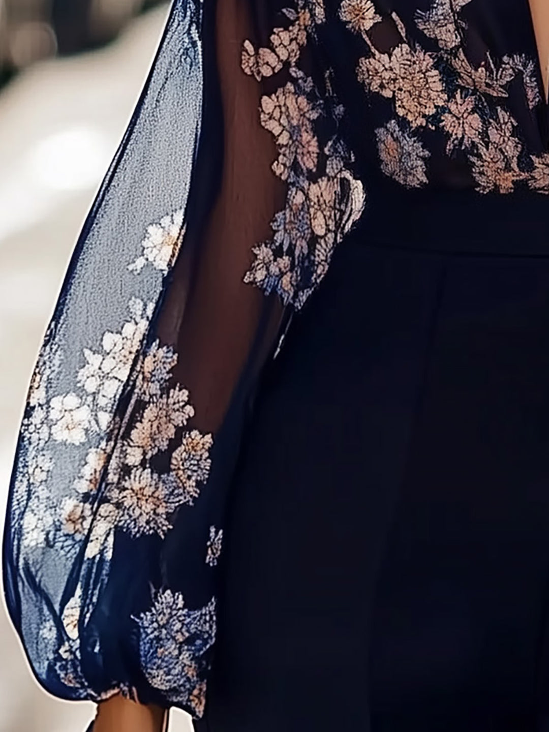 Navy Blue Chiffon Floral Print Cold Shoulder Blouse