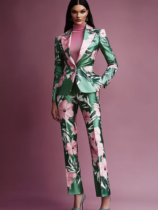 Dreamy Pink-Green Satin Print Blazer Set-Blazer