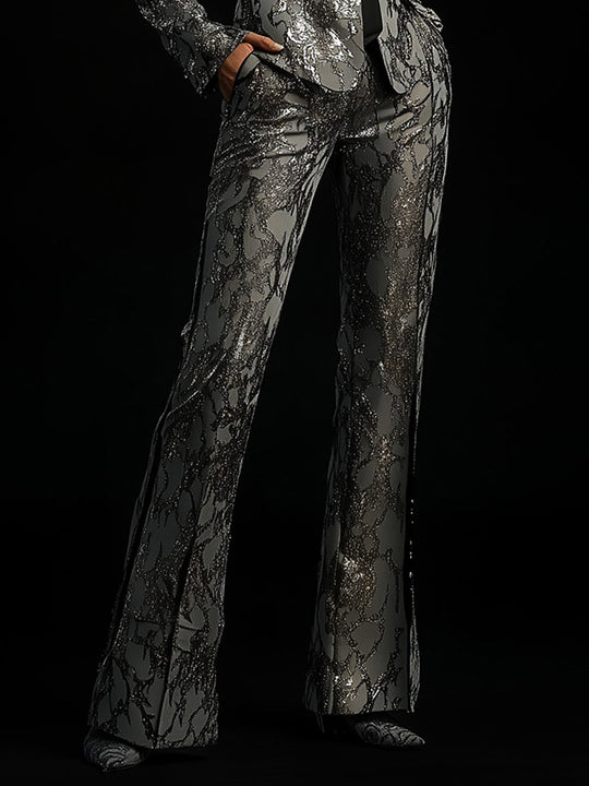 Refined Radiance Statement Silver Print Blazer Ensemble - Pants