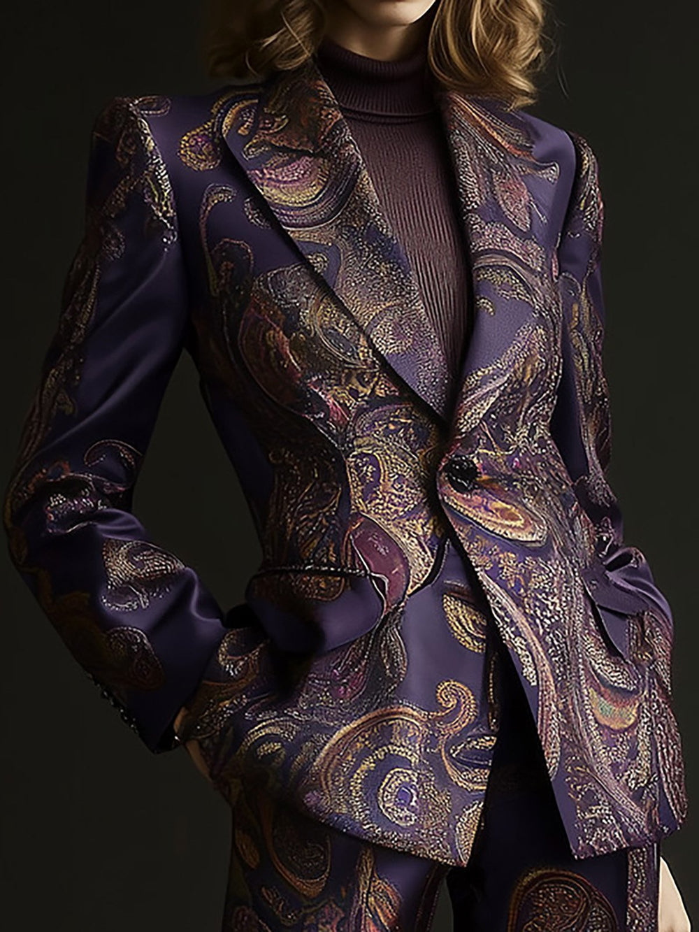 Regal Elegance Dark Paisley Satin Blazer Suit - Blazer