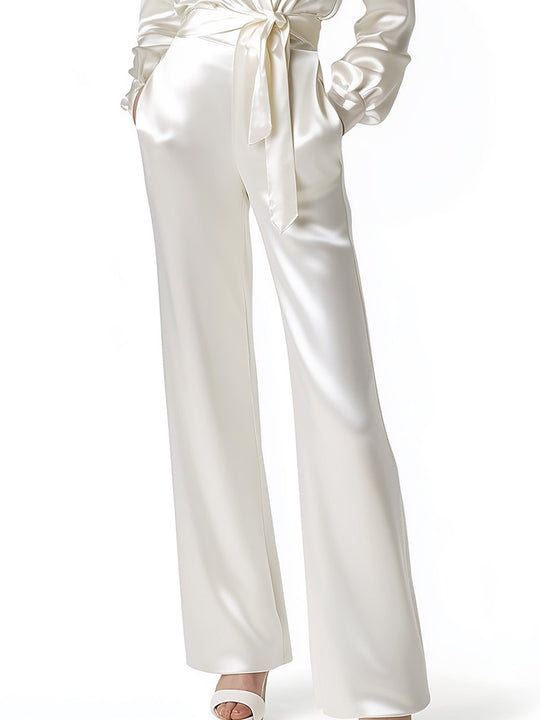 Minimalist White Satin Set with 3D Rose & Waist Belt - Pants