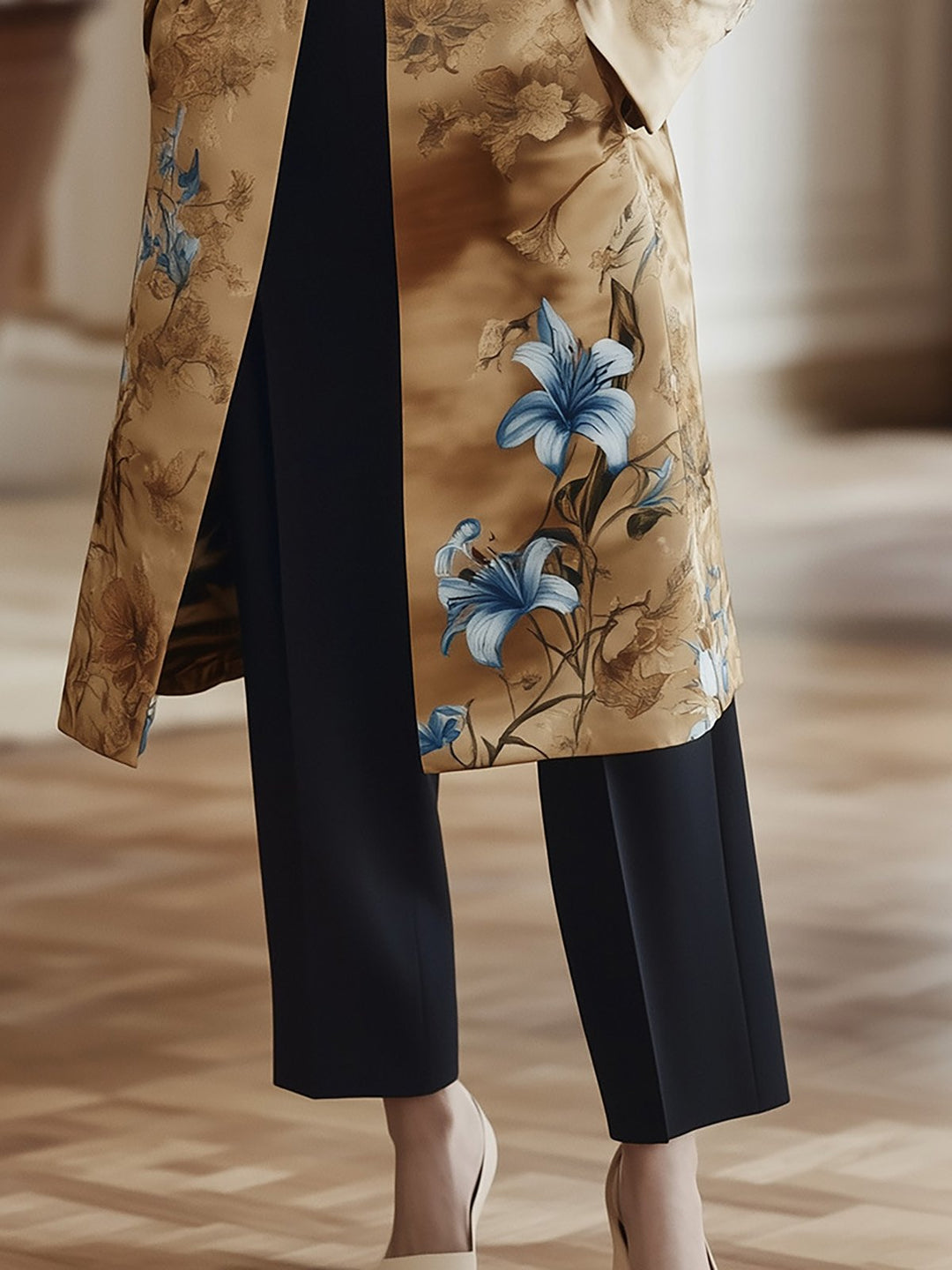 Timeless Satin Coat with Nature-Inspired Design