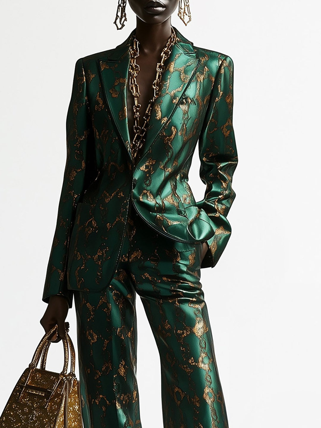 Chic Emerald Green Suit with Gold Accents