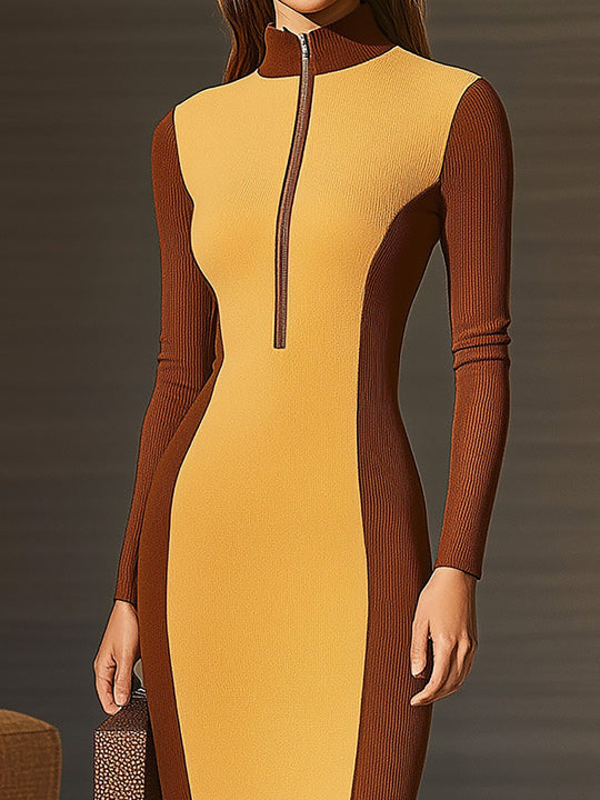 Elegant Color Block Knit Dress with Zipper Detail