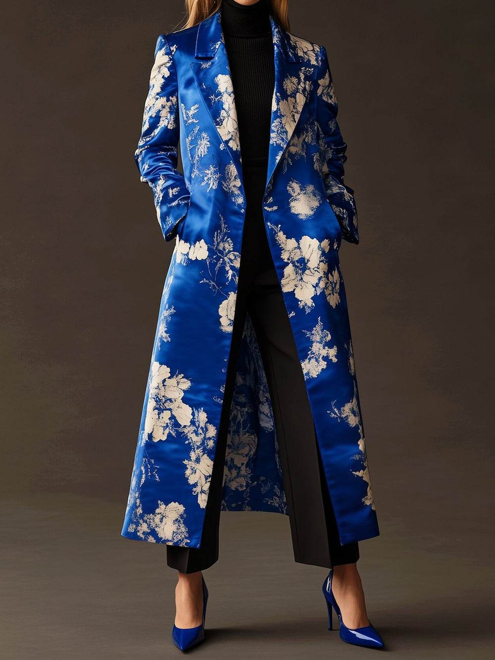 Cobalt Elegance Floral Satin Coat