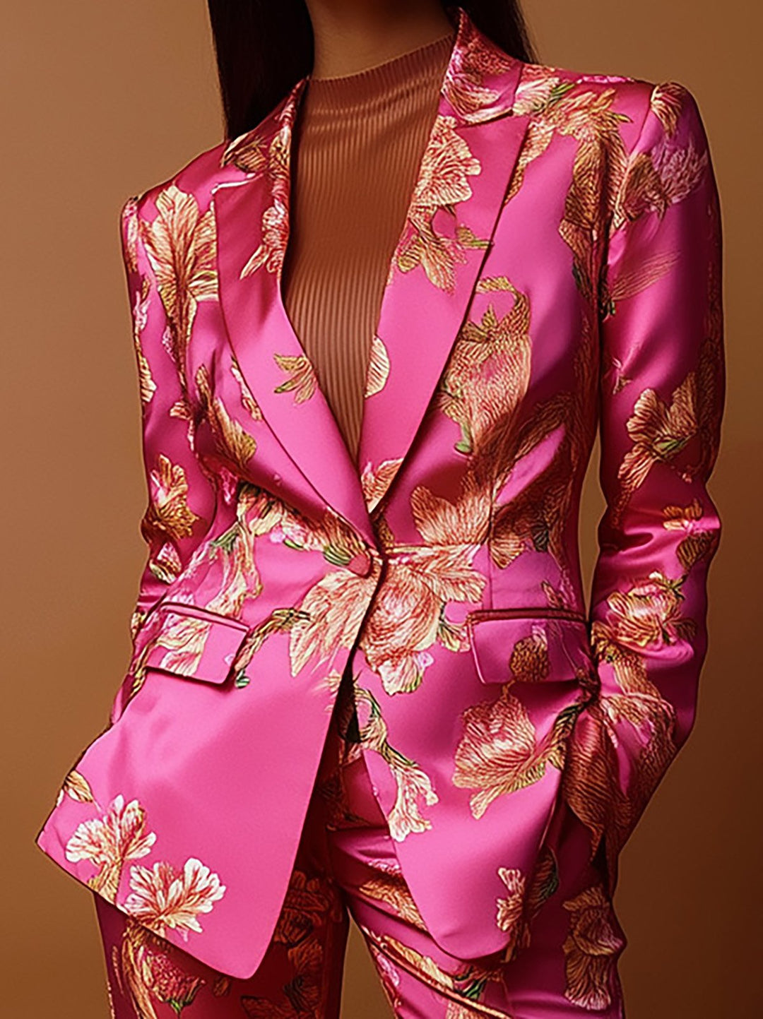 Golden Petals Satin Power Suit - Blazer