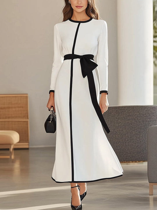 Elegant Black-Trimmed Belted Dress