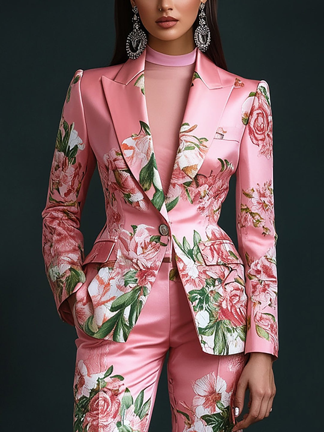 Chic Pink Floral Print Satin Blazer Ensemble