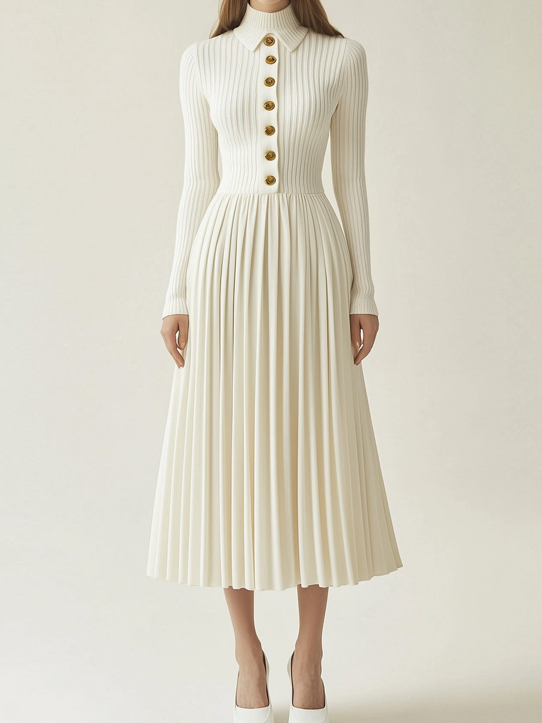 Elegant Cream Knit Dress with Gold Buttons