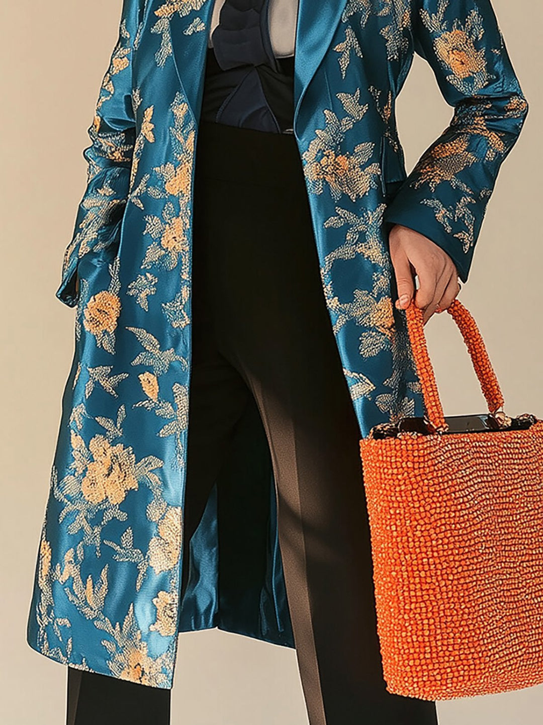 Botanical Luxe Elegant Blue Satin Overcoat with Gold Motifs