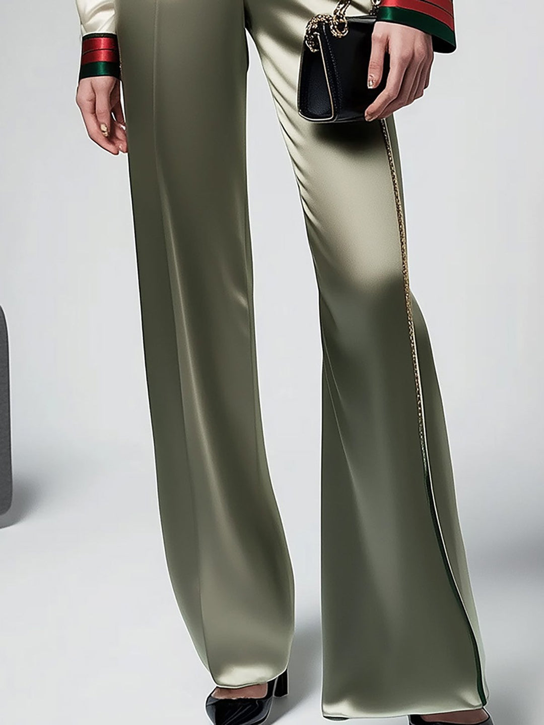 Sophisticated Satin Shirt Set with Bold Trim - Pants