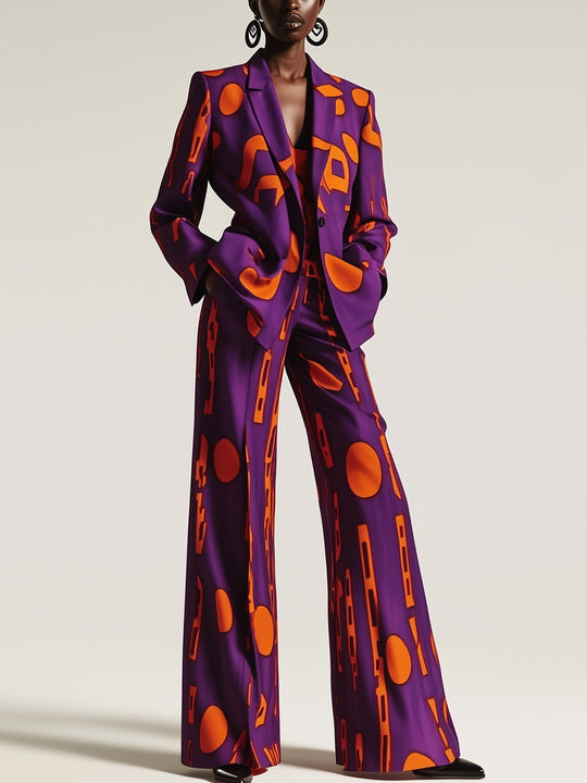 Purple and Orange Geometric Print Suit