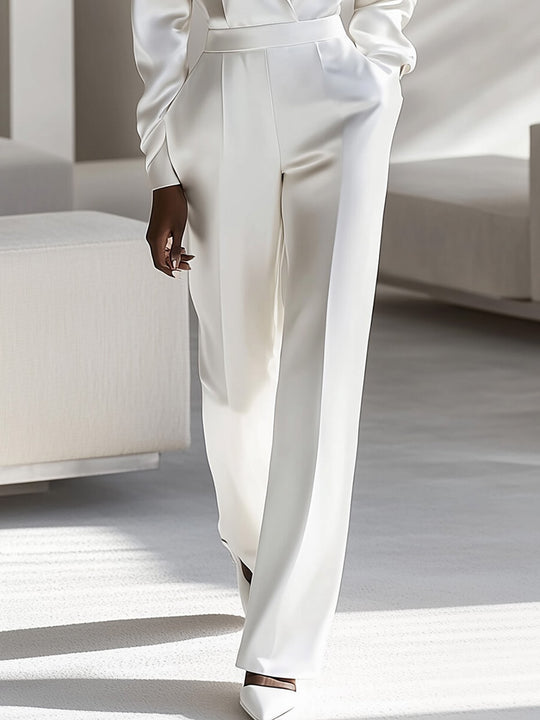 Elegance in White Satin with 3D Rose Accent - Pants