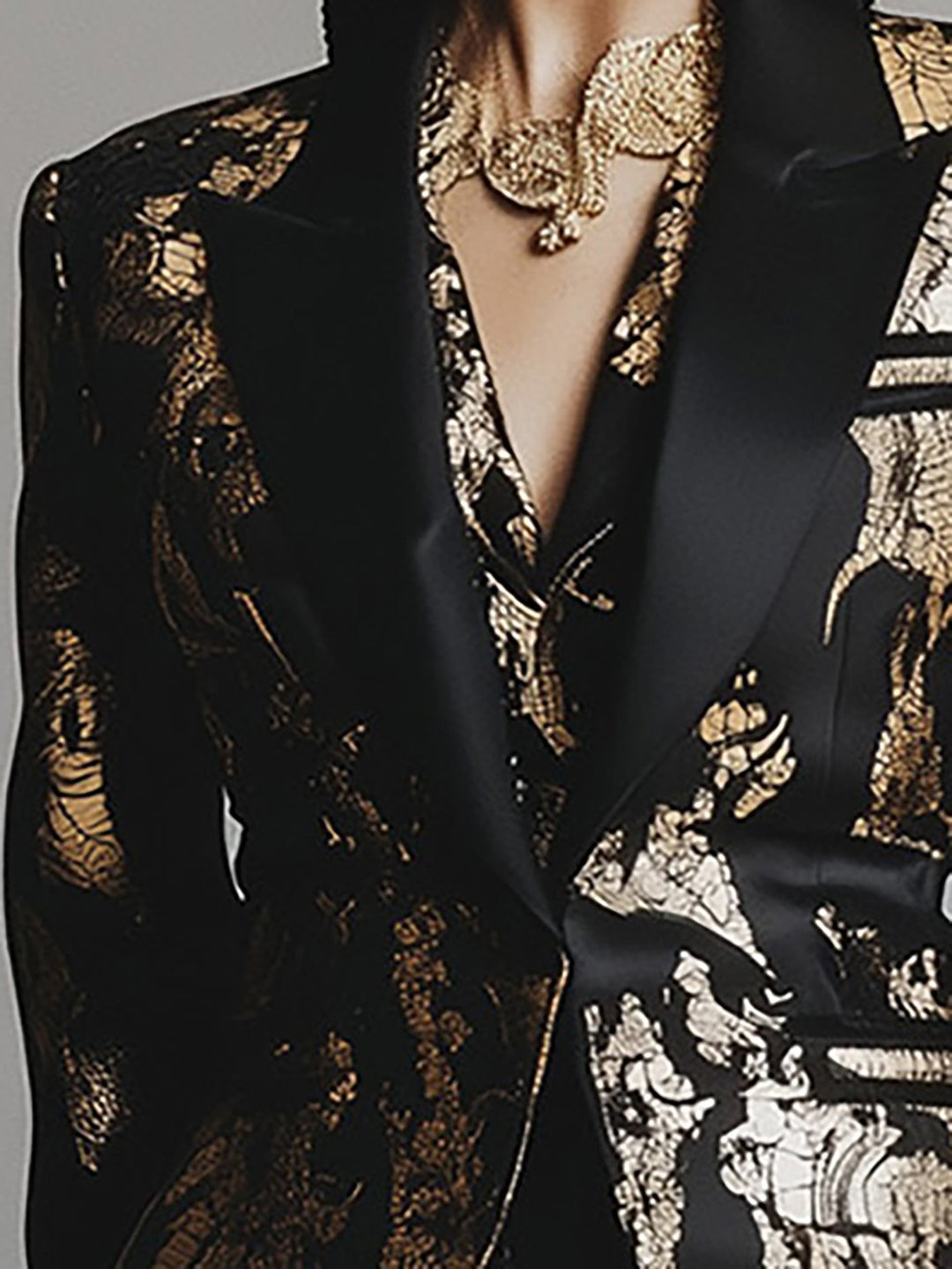 Baroque Glam Black and Gold Embellished Satin Suit - Blazer