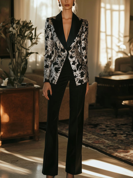 Elegant Black and Silver Satin Suit