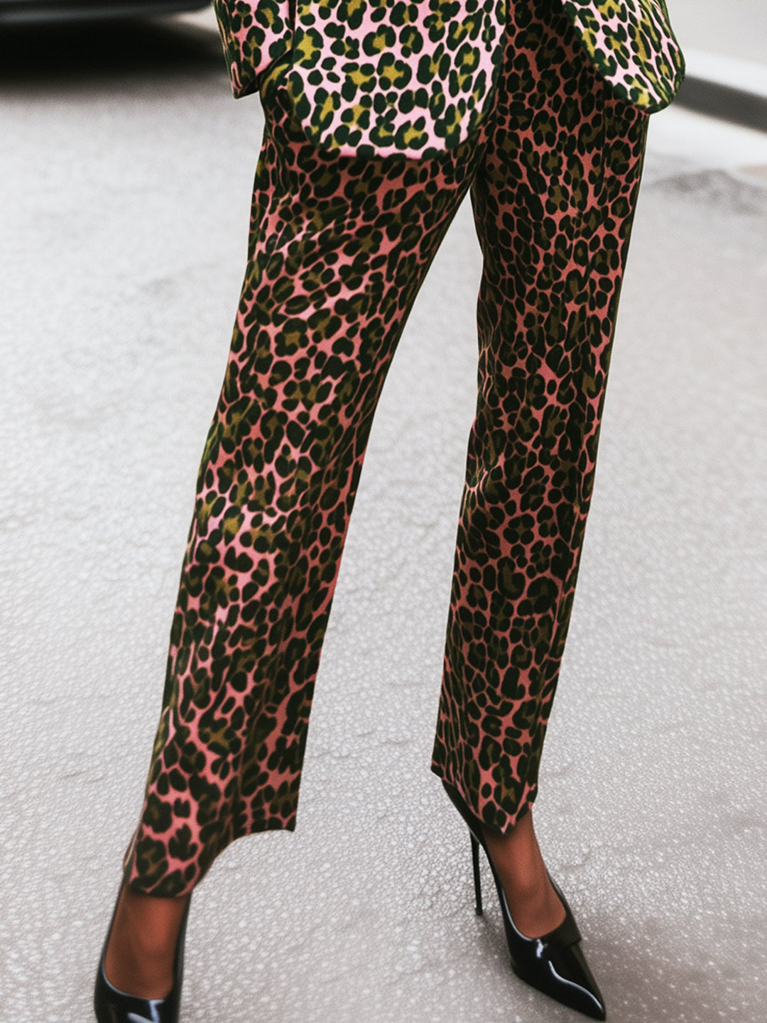 Classic Pink Leopard Print Blazer And Pants Suit
