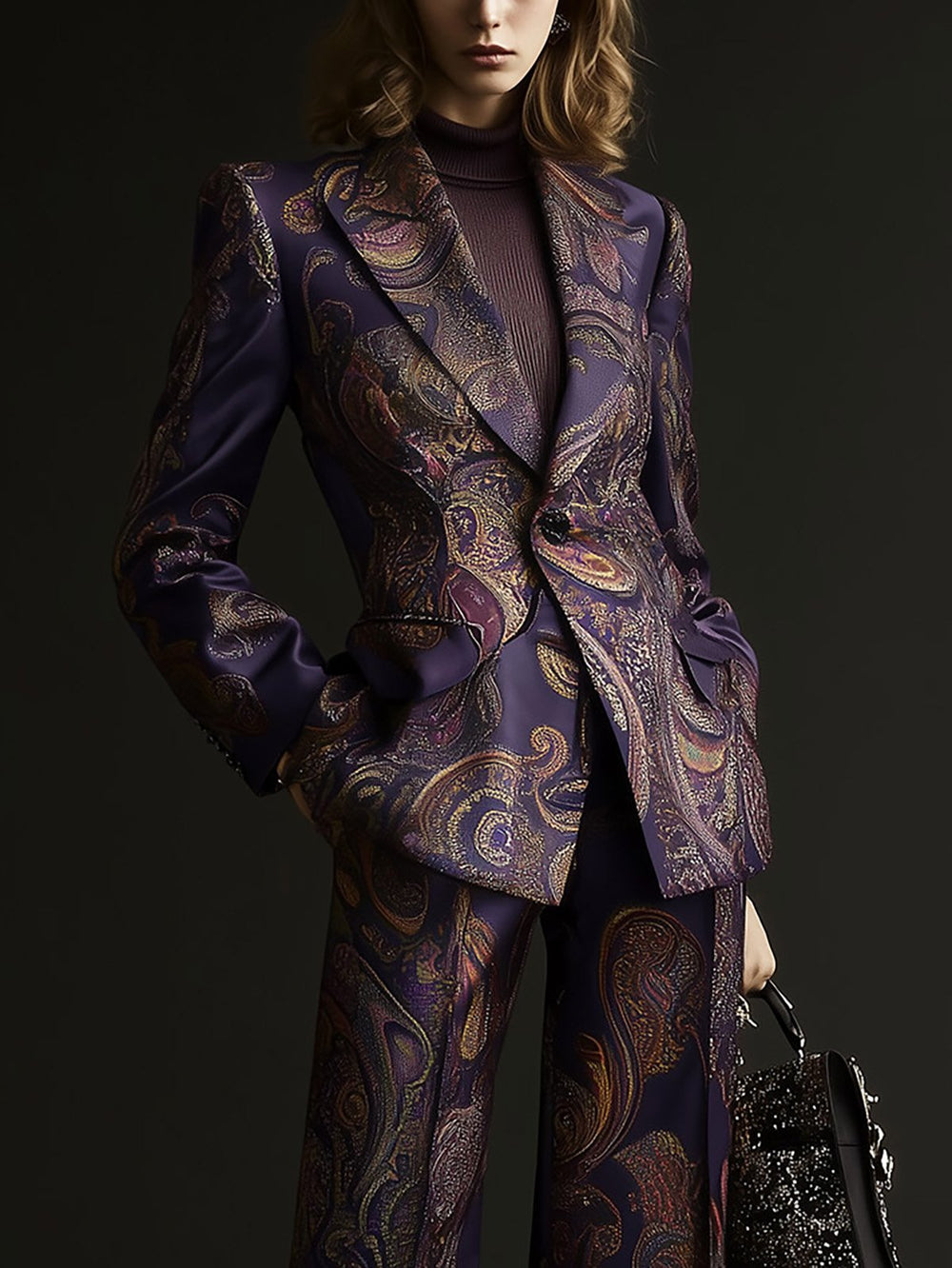 【24-hour shipping】Regal Elegance Dark Paisley Satin Blazer Suit